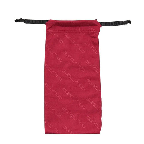 Red storage bag for Low Key Polarized Sunglasses Matte Black With Grey Lenses 50mm Small To Medium Fit with drawstring closure.