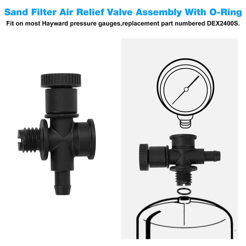 RO6G DEX2400S sand filter air relief valve assembly, black plastic with top knob, threaded fittings and O-ring