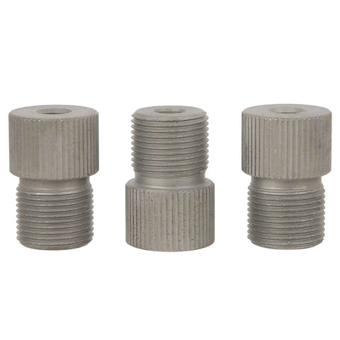 Set of three gray metal 5mm drill chuck adapter sleeves with knurled bodies and threaded ends.