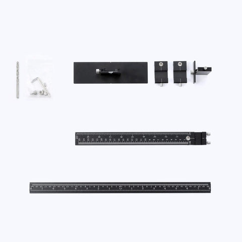 Pro Grade Cabinet Hardware Jig With Adjustable Template For Handles And Drawer Knobs Easy Install For Doors And Drawers Aluminum Alloy Precision Jig With CNC Tolerance Of 0.0002 Inch And 0.001 Inch Square Alignment components laid out