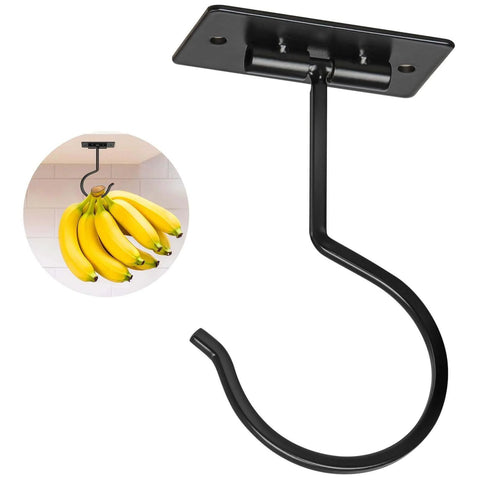 Ceiling-mounted black metal banana hanger with bananas shown hanging, designed for fruit storage in kitchens.