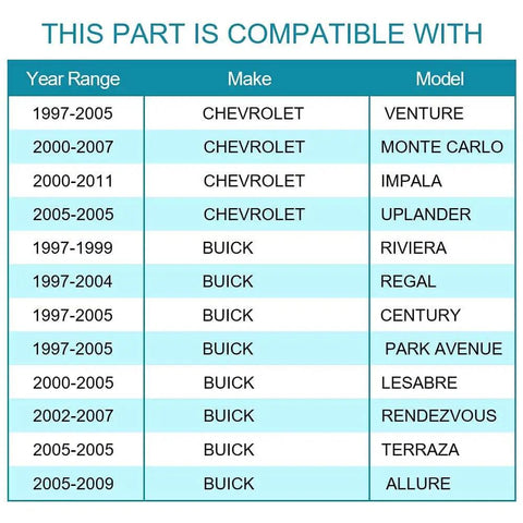 Compatibility chart for Front Wheel Hub And Bearing Assembly 513121M, listing Chevrolet and Buick models and years.
