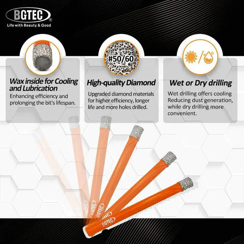 Dry Diamond Drill Bit Set All In One Pro Grade Ten Piece Kit Five Sixteenth Inch Eight Millimeter Hole Saw For Granite Marble Masonry Concrete Tile Ceramic Glass And Hard Plastic Vacuum Brazed Core Drill Bits Built For Fast Clean Cuts displayed with features of cooling, diamond quality, and versatile drilling.