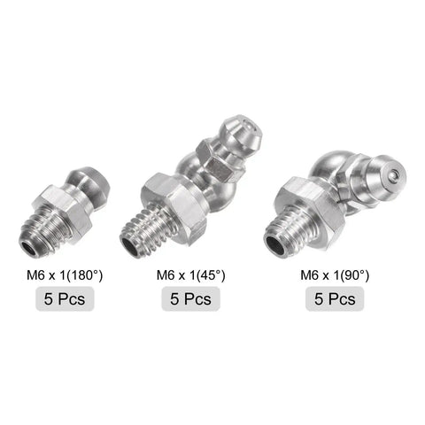 304 Stainless Steel Grease Fittings Kit Built To Last 15 Pcs Heavy Duty With Straight And Angled M6x1mm Metric Threads Including 90 Degree And 45 Degree Hydraulic Nipples For Machinery Tools And Equipment, showing three types of fittings with labels.