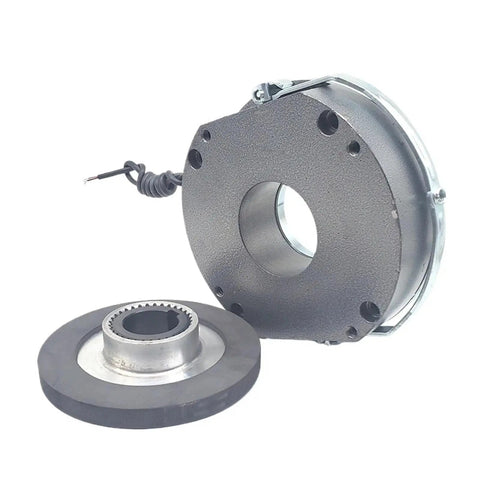 Two-piece electromagnetic holding brake assembly with black housing and silver brake disc (front view)