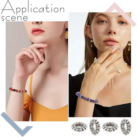Models wearing jewelry with Silver Flower Spacer Beads 100 Pcs Daisy Rondelle Beads For DIY Jewelry Making shown below