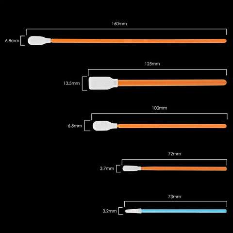 Lint Free Cleaning Swab Kit for Printer Optics Camera 100 Packs 5 Types, showing sizes and dimensions of each swab type.