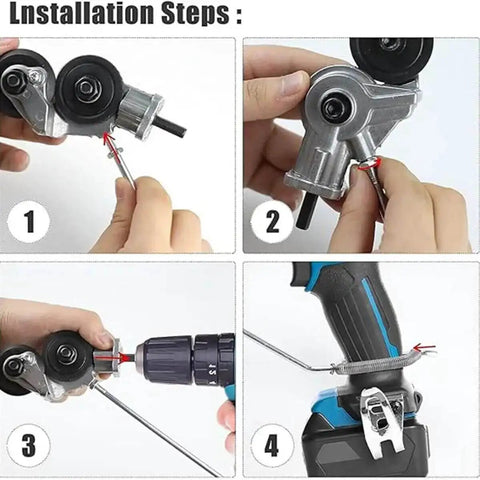 Installation steps for Drill Metal Plate Cutter Attachment for electric drill, showing quick cutting shears retrofit process.