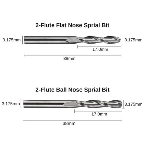 40 Piece CNC Router Bit Set With One Eighth Inch Shank Including Two Flute Flat Nose And Ball Nose Bits Nano Blue And Titanium Coatings For Pro Grade Heavy Duty Durable Milling And Precise Carving On Wood Plastic And Aluminum, showing 2-flute flat and ball nose spiral bits with measurements.