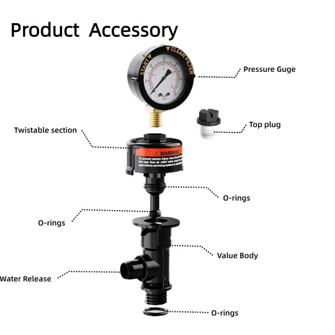Air relief valve for Pentair 98209800 pool filter with pressure gauge; black valve body and O-rings.
