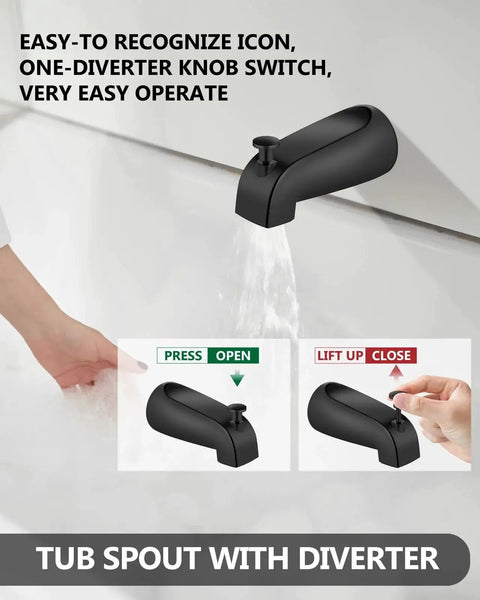 Matte Black Tub Shower Faucet Set With Valve And Shower Head By GBBNE Single Handle Bath Faucet Built From 304 Stainless Steel With Brass Valves For Smooth Operation 2.1 GPM NPT One Half Inch Durable Anti Rust Finish And Easy Install showing tub spout with diverter in use