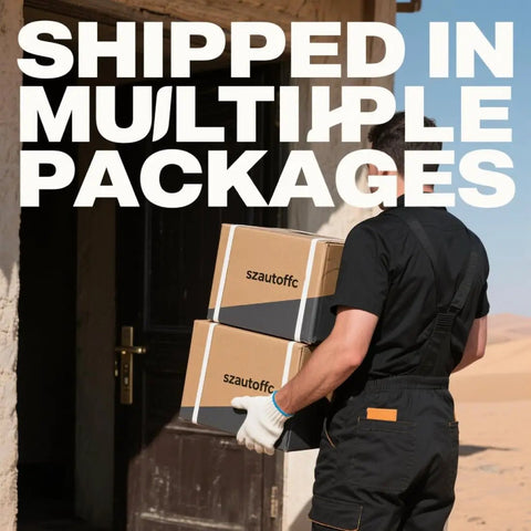 Delivery worker carrying two packages labeled 'szautofc' with text 'Shipped in Multiple Packages' in background.