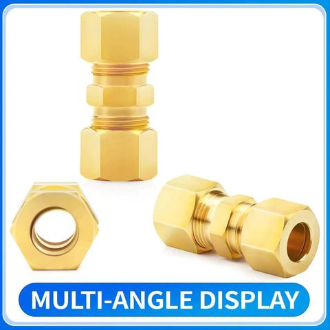 Brass Compression Tube Fitting One Quarter Inch OD to One Quarter Inch OD Union Connector 10 Pack, multi-angle display