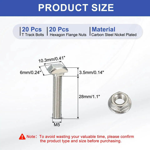 Drop In M5 30 mm T Slot Bolts With Hammer Head And Hex Nut Flange For 20 Series Aluminum Extrusion, 20 Sets, Carbon Steel Nickel Plated