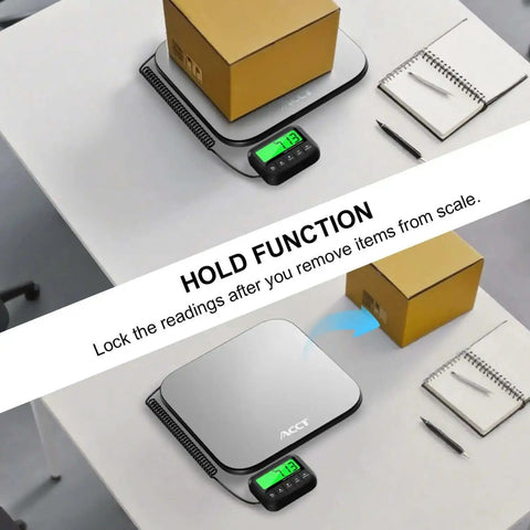 Beefy 440Lb Postal Scale With Stainless Steel Platform Tare Hold And Counting Functions displayed on a desk with box and notepad
