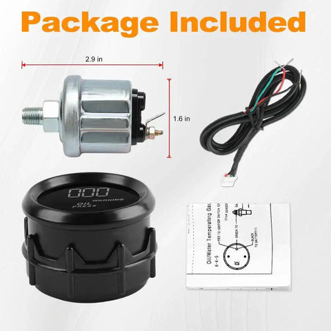 Package contents of 2 Inch Oil Pressure Gauge Kit 0 To 150 PSI For Boats Cars Trucks And Marine Vehicles 12V DC 52mm Dial JDMEXEV