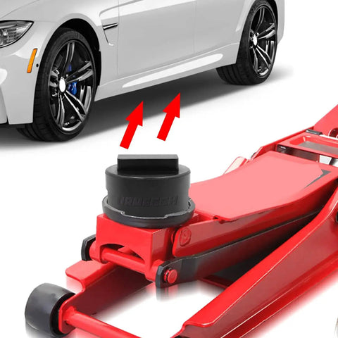 BMW Mini Jack Pad Frame Rail Protector Slotted Rubber Square 2 Pack installed on red car jack