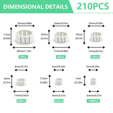Dimensional chart of 210 piece white plastic screw hole plugs for round holes plastic knockout covers for furniture