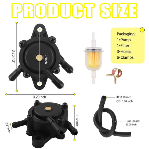 Product size and packaging details of Lawn Mower Fuel Pump With Hose And Filter Plug And Play Small Engine Pump Compatible With Kawasaki Kohler Honda Briggs And Stratton John Deere OEM 808656 808492