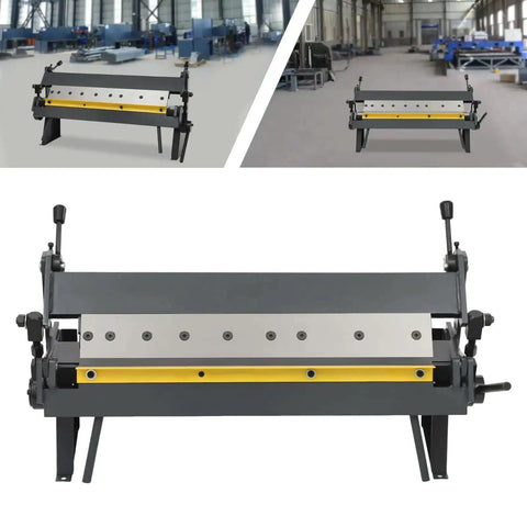 Heavy Duty 24 Inch Sheet Metal Brake With 0 To 135 Degree Bends, floor model box and pan bender in a workshop.