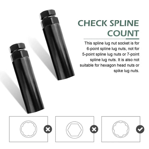 Two black Beefy 1 Piece 6 Spline Lug Nut Socket Locking Key For Wheel Locks, each with long 90mm design, fits 21mm and 22mm hex sockets.