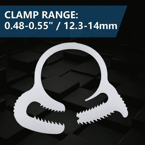 Twenty Piece Heavy Duty Double Snap Grip Nylon Hose Clamps Set With Ratcheting Adjustable Clamps shown with clamp range text