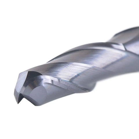 Close-up of Ball Nose Carbide End Mill CNC Cutter Router Bit With Beefy 3/8 Inch Shank And 3/8 Inch Cutting Diameter Double Flute TiAlN Coated