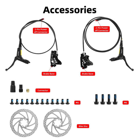 4-piston e-bike hydraulic disc brake kit with 160mm rotors, pre-bled with mineral oil, includes two levers.
