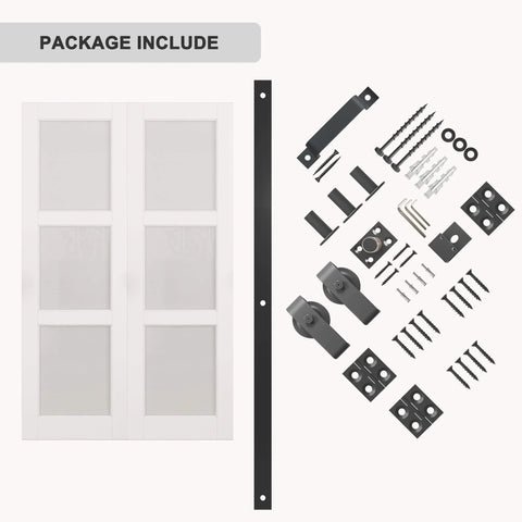 52 Inch By 80 Inch Frosted Glass Bifold Barn Door Kit With 64 Inch Track, Preassembled MDF Panels, White Sliding Closet Door, Includes Hardware