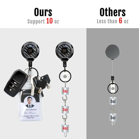 Upgraded Heavy Duty Retractable Keychain With Belt Clip And 31.5 Inch Stainless Steel Cord 10 Oz Retraction For More Keys 3K Carbon Fiber ID Badge Reel Holder With Strap And Key Ring 2 Pack comparison showing weight support difference.