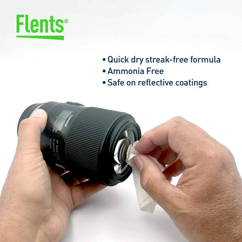 Hands using Premoistened Lens Wipes For Glasses And Sunglasses Streak Free 400 Count on camera lens with text overlay.