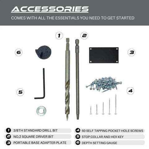 Pocket Hole Jig Kit M1 Pro Grade Adjustable Depth Pocket Screw Jig Heavy Duty Drill Jig accessories including drill bits, hex key, screws, and depth setting gauge.