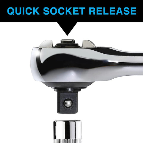 Ultra Precise Gearless Ratchet For Tight Spaces With One Half Inch Drive, Nickel Plated High Carbon Steel, Quick Socket Release
