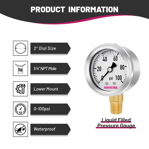 Glycerin Filled Pressure Gauge 0-100 PSI With 2 Inch Dial 304 Stainless Steel Case 1 Quarter Inch NPT Lower Mount High Accuracy
