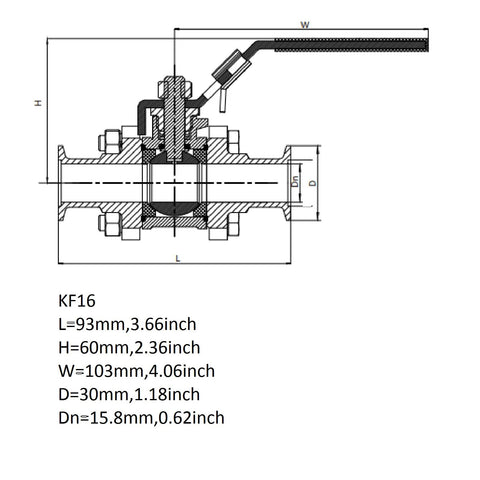 QiiMii KF-16 vacuum ball valve clamp, stainless steel 304 with locking device; cross-section with L93mm, H60mm, W103mm.