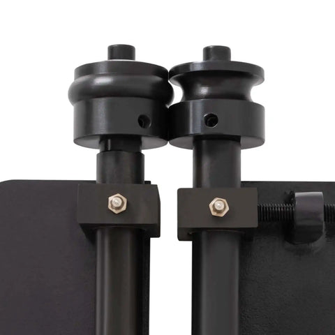 Close-up of Pro Grade Heavy Duty Sheet Metal Bead Roller Kit With Six Dies, showing black carbon steel rollers and comfortable handle