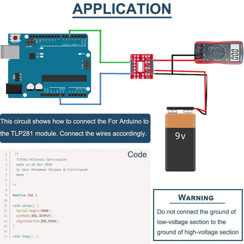 Circuit diagram showing Five-Piece Four-Channel Optocoupler Isolation Module With TLP281 ICs for Arduino connection with 9V battery and components.
