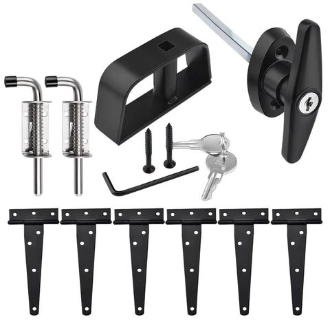 Durable Shed Door Hardware Kit With 6-Inch T-Hinges, T-Handle Lock, bolts, keys, and latches, ideal for sheds and gates.