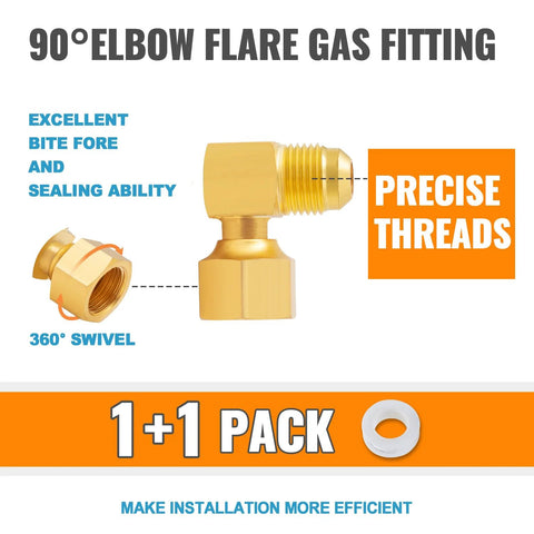 SUNGATOR brass 90-degree flare elbow fitting, 3/8 in. female swivel x male flare, propane gas adapter, 1+1 pack