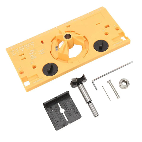 35mm Hinge Boring Jig Kit For Woodworking With Accurate Hinge Hole Drilling Guide Locator And One Sixteenth Inch Bit Durable ABS Panel Scratch Resistant Bright Yellow
