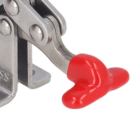 Close-up of a Fast Release Vertical Toggle Clamp For Woodworking, Quick Release Hold Down Clamp, Beefy 304 Stainless Steel Build with red handle