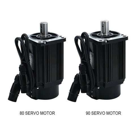 Two black aluminum servo motors (80S/90S) with ribbed housings, silver shafts, mounting flanges, and attached cables.