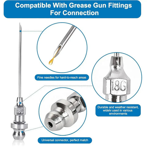 All In One Pro Grade Grease Gun Fittings Kit with 90 Degree Coupler, needle nozzles and universal connector displayed.