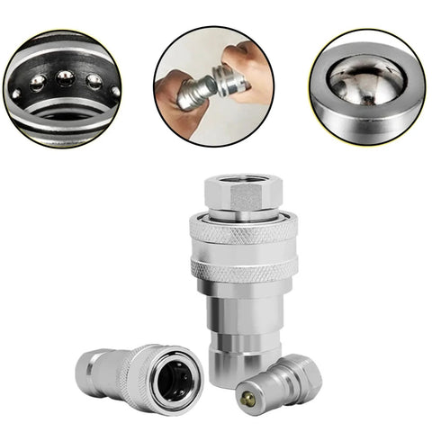 Front view of hydraulic quick-connect couplings, 2-piece CEKER Pioneer style, 1/4 in NPT ISO 5675, carbon steel poppet valves, silver