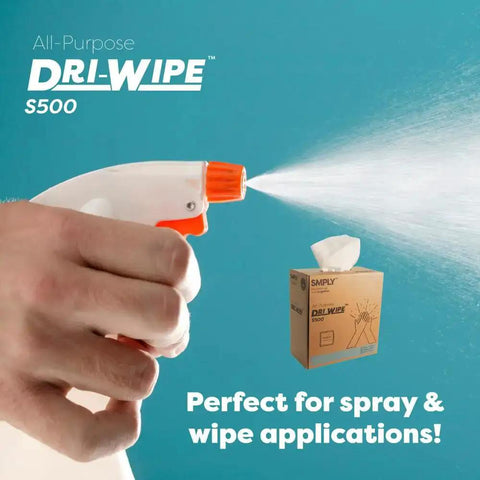 Box of Dri-Wipe S500 All-Purpose Disposable Wipes next to hand spraying cleaner, for janitorial and industrial cleaning.