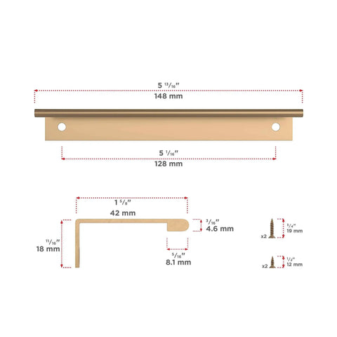 Dimensions and hardware for Lincoln Collection 5 1/16 Inch Center To Center Brushed Champagne Bronze Modern Cabinet And Drawer Edge Pull Handle