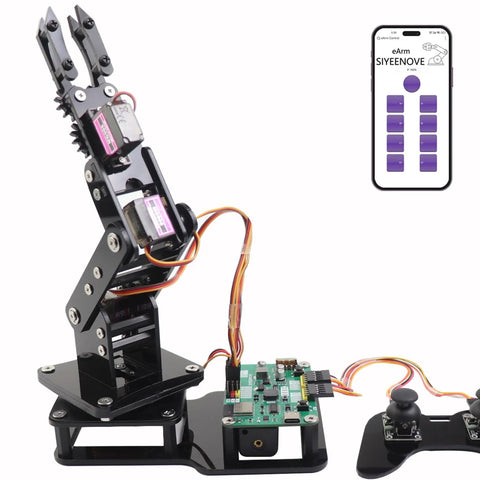 SIYEENOVE ESP32 smart robotic arm with black metal frame, 4-DOF desktop kit, servo motors, joystick, and app control