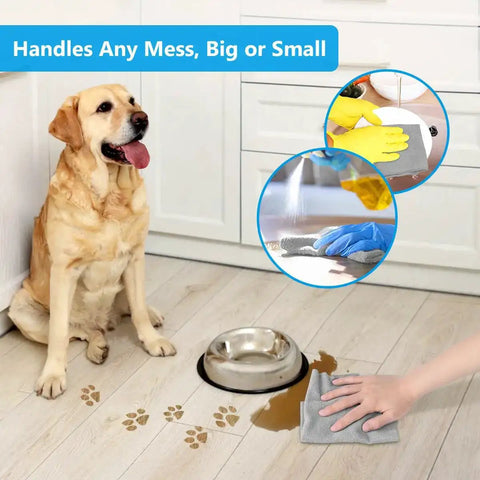 100 Pack Microfiber Cleaning Cloths Dispenser Box Lint Free Ultra Absorbent Reusable Rags wiping floor near dog bowl.