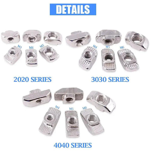 European M3 M4 M5 M6 Hammer Head Drop In T Slot Nut Kit For 20 30 40 Series Aluminum Profiles, Nickel Plated Carbon Steel