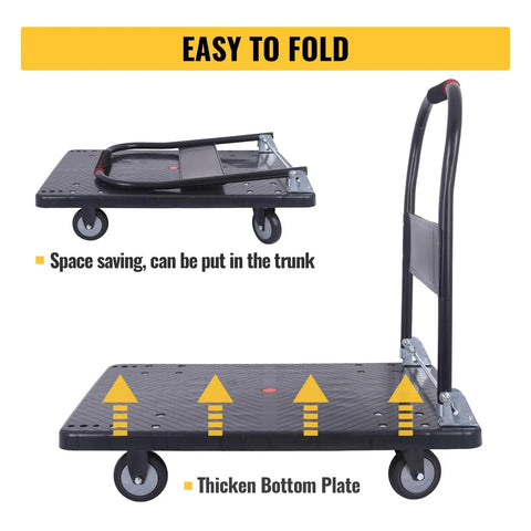 Foldable Heavy Duty Push Cart Dolly with 660 lb capacity and swivel wheels, shown folded and unfolded for compact storage